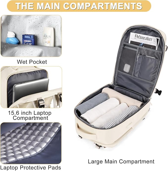 Beige Large Travel Backpack For Women Men Airline Approved Personal Item Backpack For Airlines Carry On Backpack Flight Approved Waterproof Backpack For Traveling On Airplane Weekender Travel Bag - Image 4