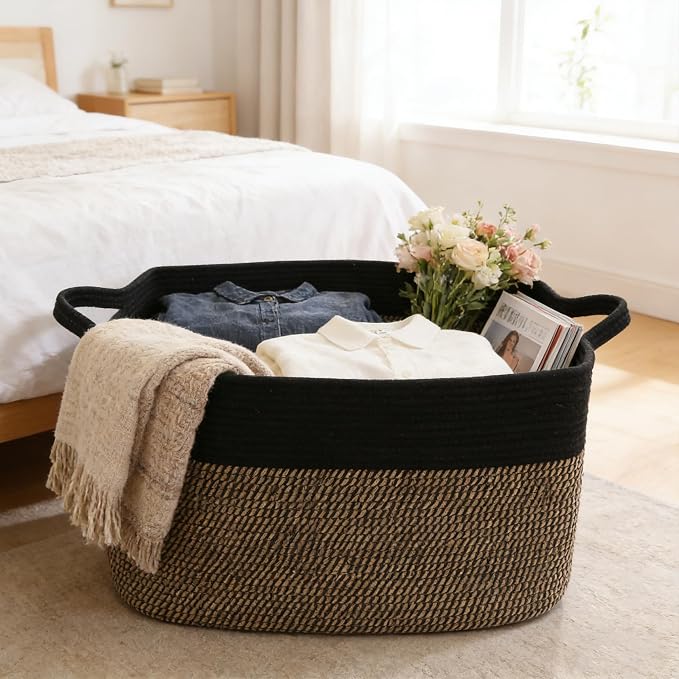 65L Collapsible Woven Rope Laundry Basket with Handles,Black/Jute | 21x16x12 Foldable Rectangular Blanket Basket for Toys, Clothes & Pillows,Ideal for Nursery, Bathroom, Bedroom, Living Room - Image 4