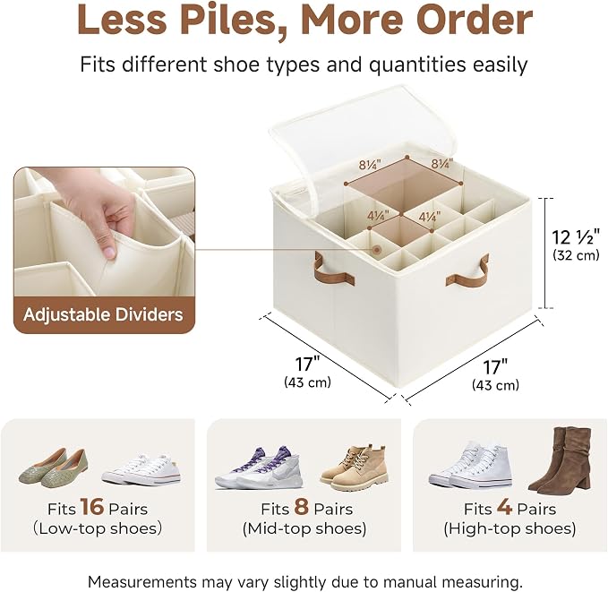StorageWorks Shoe Organizer for Closet, Shoe Storage Cubby Containers with Adjustable Dividers and Clear Cover, Fits up to 16 Pairs, Foldable Shoe Storage Box for Closet, Entryway, Beige - Image 3