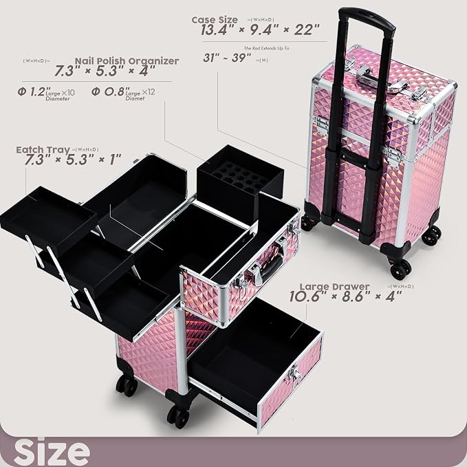 Rolling Makeup Case with Drawer Cosmetology Case on Wheels Makeup Trolley Sliding Drawer Makeup Travel Case for Esthetician, Mobile Stylist, Manicurist Barber Case Traveling Cart Trunk Glitter Pink - Image 6