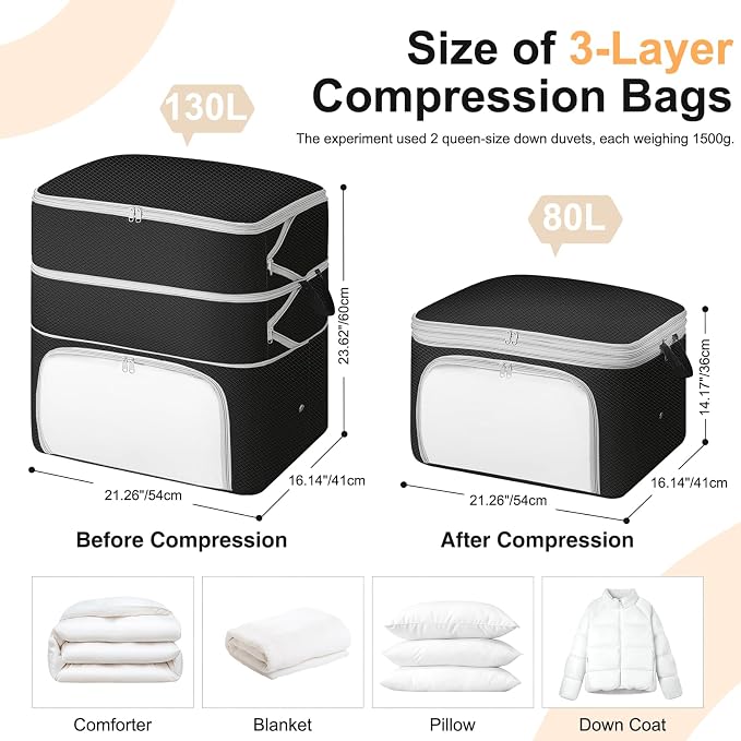Comforter Storage Bag - 130L Blanket Storage Bags Front-opening Ultra Space Saving Self Compression Organizer, Washable Compression Bags for Storage Comforter Blanket, 2 Pack, Black - Image 2