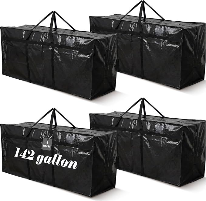 Windyun 4 Pack 142 Gallon Extra Large Moving Bags XXL Heavy Duty Storage Bag with Strong Zipper Handle Jumbo Big Tote Box Foldable for College Dorm Travel Clothes Duffle Blanket Pillow(Black) by Windyun