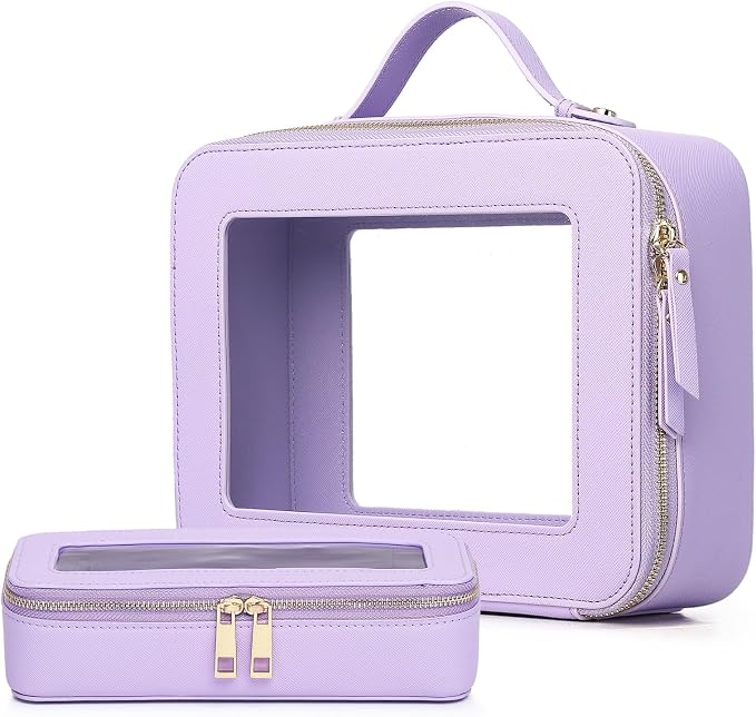 Pinkmik Clear Makeup Bag with Brush Bag 2pcs Waterproof Travel Case for Cosmetics and Toiletries Women's Cosmetic Organizer with Zipper (X/Purple, L+SLIM) by Pinkmik