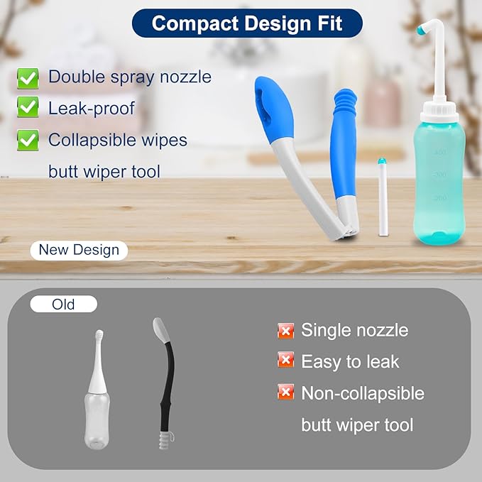 Foldable Toilet Aids Set for Wiping – 2PCS Personal Hygiene Kit with Collapsible Butt Wiper Tool & Dual-Nozzle Peri Bottle , Wiping Aid for Post-Surgery Recovery, Elderly and Travel Use (Blue, Ultra)