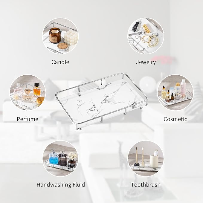 Dobbyby Vanity Tray Makeup Organizer Cosmetics Storage Bathroom Skincare Organizer Countertop Display Rack in Dresser Stainless Steel Shelf Marble Print Ceramic Trays - Image 3