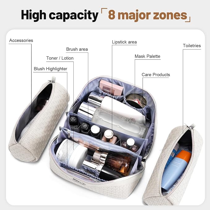 BOYATU Travel Makeup Bag Cosmetic Bags for Women: Large Capacity 3 Pcs Set Make up Bag with Compartments - Waterproof Vegan Leather Toiletry Organizer Bags with Handle (M-72Off-white) - Image 4