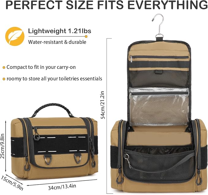 Tactical Toiletry Bag for Men - Hanging Dropp Kit Mens Toiletry Travel Bag for Toiletries, Traveling & Shaving Kit, Portable Hygiene Bag Shower Bathroom Organizer with Handle & Hook, Brown - Image 3