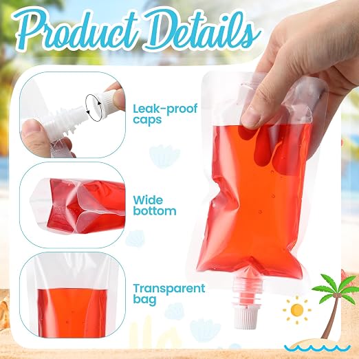 Patelai 150 Pieces Plastic Liquid Pouch Reusable Juice Pouches Travel Water Leak Proof Bags Bulk with Collapsible Silicone Funnel for Travel Outdoor (8 Oz,16 oz) - Image 2