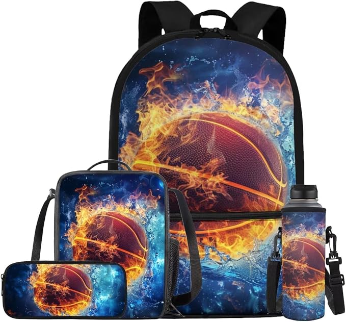 Galaxy Basketball Backpack for Boys Girls Backpack with Lunch Box Water Bottle Carrier and Large Pencil Case 4PCS Set Bookbag with Front Pocket for School 17 inch Sturdy School Bag for Kids by ELEDIZI