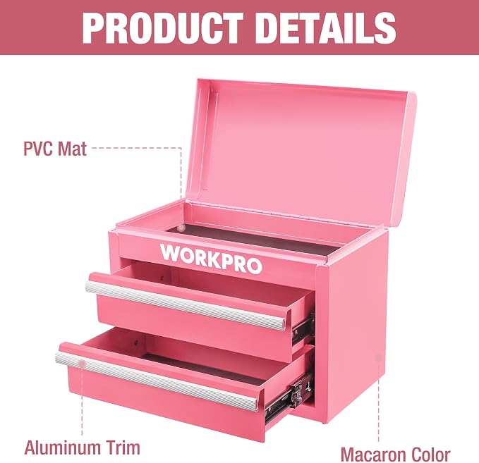 WORKPRO Metal Mini Tool Box with 2 Drawers and Top Storage | Cold Rolled Steel Toolbox, Ball Bearing Slides, PVC Drawer Liners, PP Feet Pads, Durable Storage - Image 3