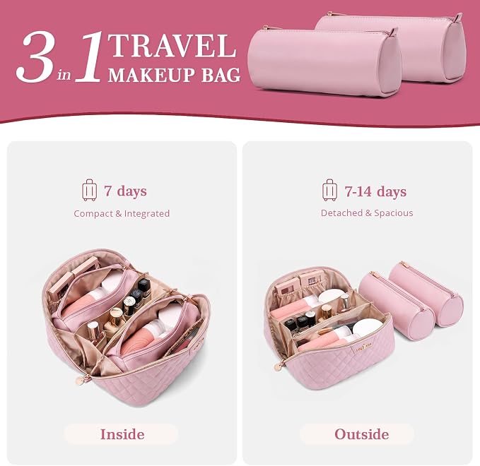 Travel Makeup Bags Cosmetic Organizer: 3Pcs Set Puffy Make up Bag for Women | Pink Premium Quilted ELEGANCE Design | Large Capacity Leather Toiletry Bags | Wide Open Compact Case for Travel Essentials - Image 4