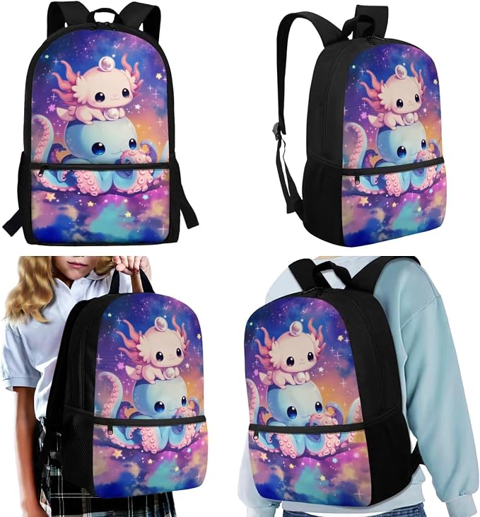 4-in-1 Kids School Backpack Set, 20+ Cute Octopus & Axolotl Designs for Girls, 17'' Bookbag with Insulated Lunch Box, Pencil Case & Water Bottle Holder, Schoolbag Gift for Kids Age 6-12 - Image 2