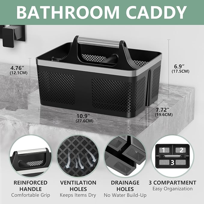 BYUNER Black Shower Caddy Portable: Plastic Bathroom Caddy Organizer with Handle and Holes, Cleaning Caddy, Hard Shower Basket Storage Tote for Toiletry, College Dorm Room Essentials for Men - Image 2