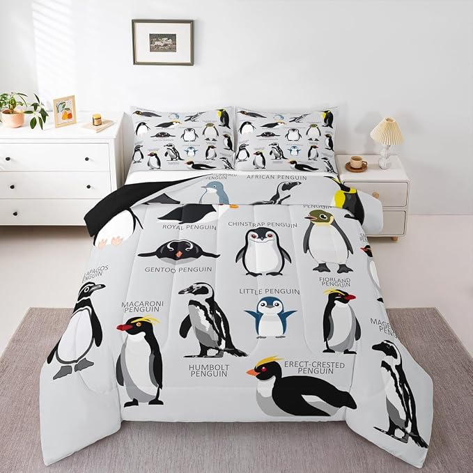 Erosebridal Penguin Comforter Set Full Size,Black White Penguins Bedding Set Cute Animal Down Comforter for Kids Boys Girls Teens,Wildlife Grey Bedding Quilted Sets with 2 Pillow Cases Bedroom Decor - Image 6