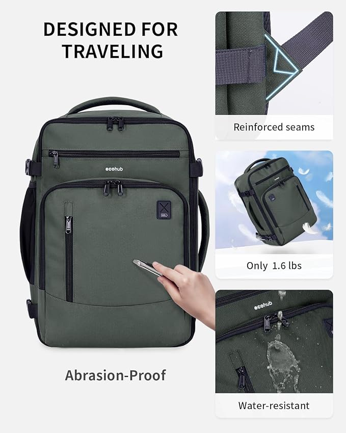 ECOHUB 17" Small Travel Backpack, United Airlines Personal Item Bag 17x10x9 with 16 Pockets, Water Resistant Rucksacks Fit 15.6" Laptop, AirTag Pocket, Lightweight Casual Daypack, 25L, Green - Image 6