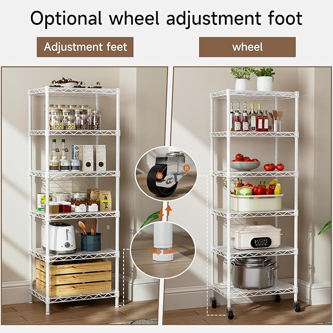Golpart Small 6 Tier Shelves Storage Wire Shelving Unit Metal Shelf Adjustable Organizers Storage Shelving with Wheels for Bathroom Laundry Room Kitchen Pantry11.7”D x 17.7”W”W x 61.6”H White - Image 5