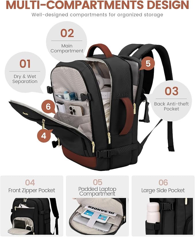 LOVEVOOK Carry On Travel Backpack For Women Men Flight Approved, 40L Personal Item Backpack for Airplanes, Business Weekender Overnight Daypack Fits 17 Inch Laptop, With 2 Packing Cubes, Black-Brown - Image 5