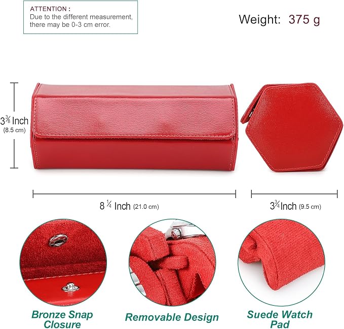 Hiram Genuine Leather Hexagon Watch Roll Travel Case, Leather 3-Watches Roll Case with Removable Pillow Cushion for Treasured Watches and Bracelets -Red - Image 2