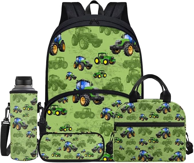 Cartoon Farm Tractor Kids Backpack with Lunch Box Pencil Bag Bottle Carrier Bag Sling Bags 4 Pcs Cute Tractor Backpack Sets for Boy Girl Middle School Primary Student Bookbag Casual Daypack by FUIBENG