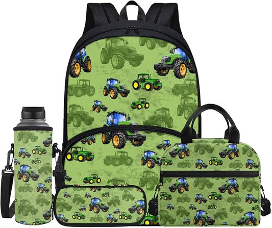 Cartoon Farm Tractor Kids Backpack with Lunch Box Pencil Bag Bottle Carrier Bag Sling Bags 4 Pcs Cute Tractor Backpack Sets for Boy Girl Middle School Primary Student Bookbag Casual Daypack by FUIBENG