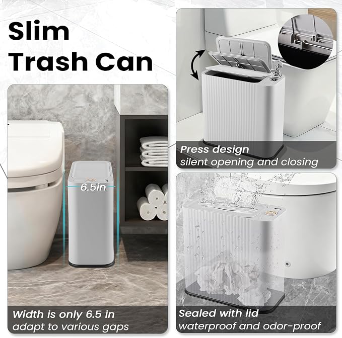 XLHOMO 9-Piece Light Gray Bathroom Accessories Set - Modern Vertical Stripe Decor with Slim Wastebasket, Soap Dispenser & Toothbrush Set - Neutral Bath Organization Kit - Image 3