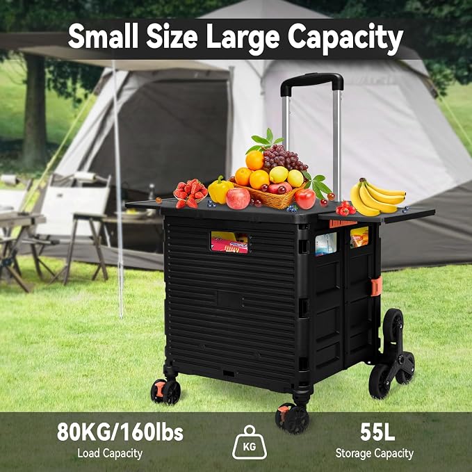 Foldable Utility Cart Portable Crate Rolling Dolly with Telescopic Handle,Can be Pulled diagonally, Magnetic Retractable Lid, 360°Swivel Climbing Wheels for Shopping Carrying Groceries Move Black - Image 6