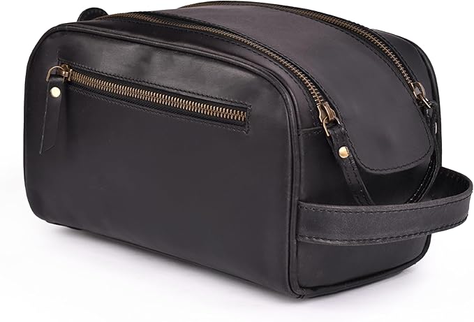 Premium Leather King Size Toiletry Travel Pouch – Handcrafted Dopp Kit Bag with Waterproof Lining, Spacious Design for Travel Essentials, Elegant Black Finish by DHAMPOOH