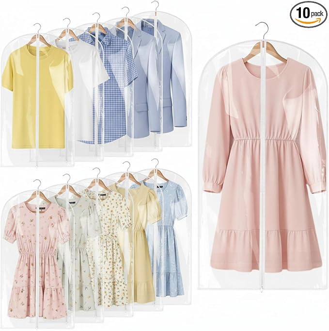 Amylove 10 Pcs 24 x 40 Inch Garment Bags Bulk Hanging Clothes Storage Covers for Closet Organization Dustproof Long Dress Bag Set for Wedding Dresses Gowns Coats Travel Suit (Transparent) by Amylove