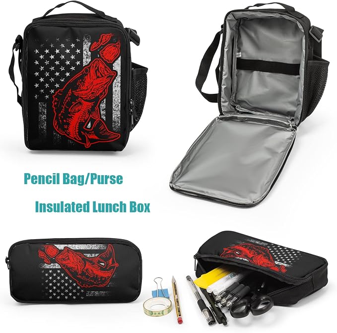 Giwawa Bass Fishing Lure Teens School Backpack Set American Flag Canvas Girls Boys School Bags Travel Bookbags 3 in 1 - Image 5