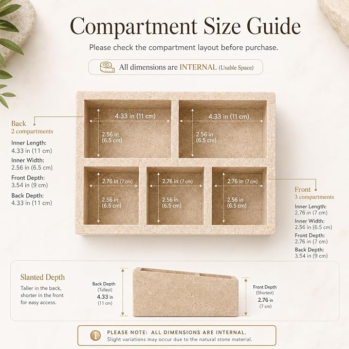 Travertine 5-Compartment Desk Organizer, Beige | Natural travertine with 5 compartments for pens, makeup brushes, skincare bottles, office supplies and vanity items - Image 7