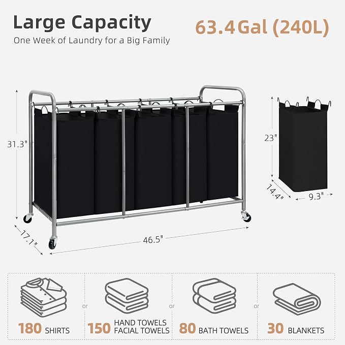 STORAGE MANIAC 5 Section Laundry Sorter, 5 Bins Rolling Separator Laundry Basket, Dirty Clothes Hamper Divider with Heavy Duty Lockable Wheels, Large Clothes Organizer Cart, Black - Image 4