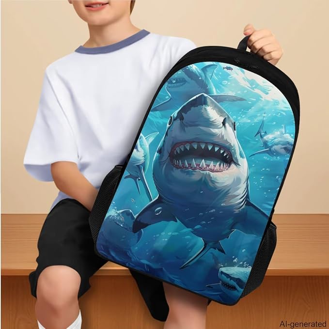 Shark Backpack for Boys Kids Backpack with Lunch Box Water Bottle Carrier and Large Pencil Case 4PCS Set Bookbag with Compartments for School Teens 17 inch Sturdy School Bag for Girls - Image 3