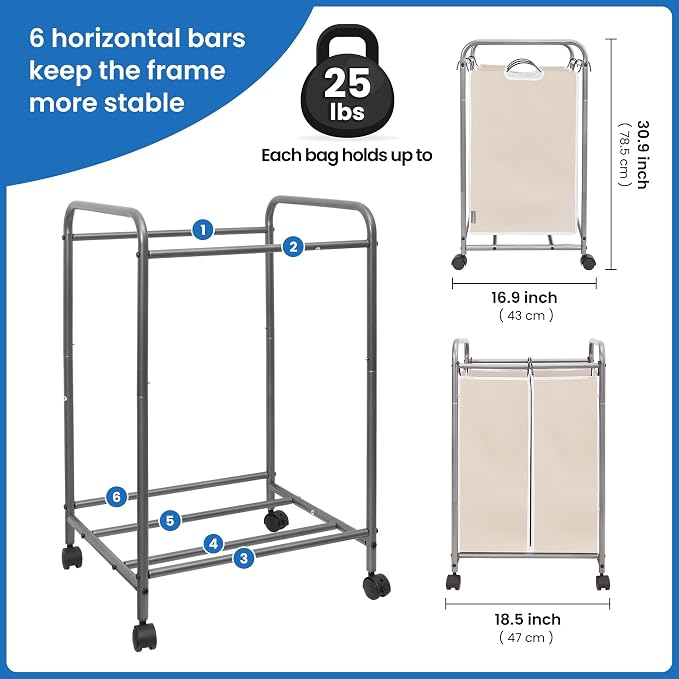 STORAGE MANIAC Laundry Sorter 2 Section, 90 L Gal Laundry Hamper with Wheels, Clothes Basket Separator Sorter, 2 Bag Cart and Removable Bags for Closet, Dorm, Collage, Beige - Image 4