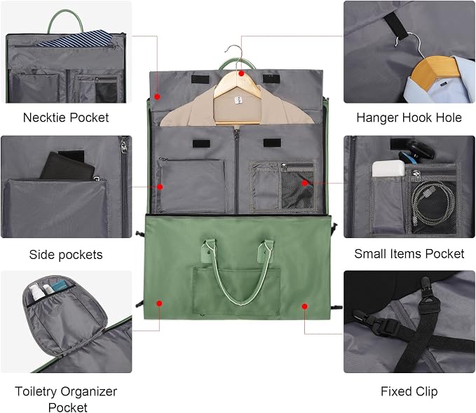 Modoker Eco-Friendly Convertible Garment Bags for Travel, Carry on Garment Duffel Bag for Women Men Weekender - 2 in 1 Hanging Suitcase Suit Travel Bags, Green - Image 3