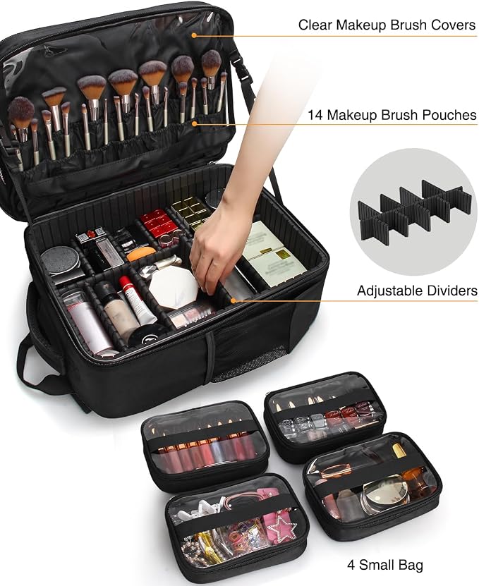 TANTO Makeup Backpack Professional Cosmetic Artist Bag Extra Large Travel Train Case Storage Organizer Double-Layer Cosmetic Case with 8 Pouch &Adjustable Divider (Black) - Image 3