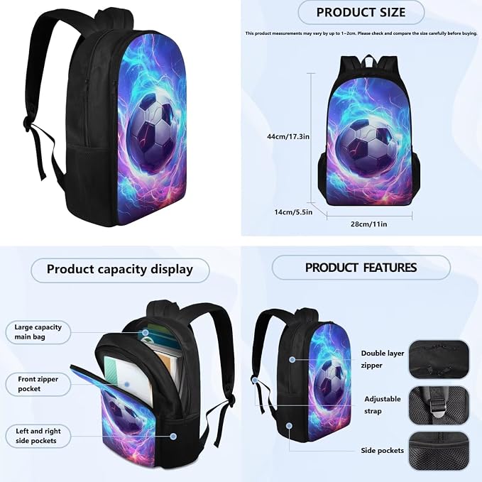 Lightning Soccer Backpack for Boys Girls Backpack with Lunch Box Water Bottle Holder with Strap and Pencil Case 4PCS Set Bookbag with Compartments for School 17 inch Sturdy School Bag for Kids - Image 4