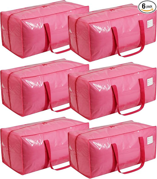 VTSVTS 6 Pack Extra Heavy Duty Large Moving Bags with Comfortable Handle & Strong Zipper,Storage Totes for Space Saving Moving Storage College Supplies Alternative to Moving Box,Pink by VTSVTS