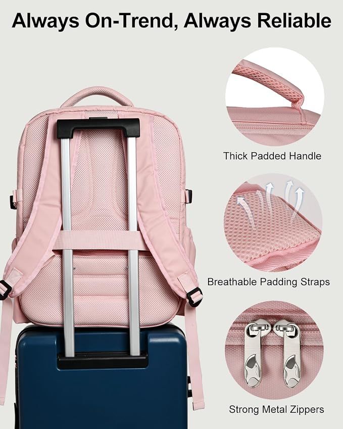 Travel Backpack for Women & Men, Carry On Personal Item Bag Flight Approved, Large Waterproof Laptop Backpack for Travel, Overnight, College & Commuting Pink - Image 8