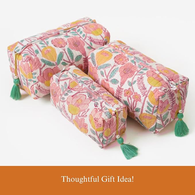 Saffron Marigold Quilted Makeup Bag Set of 3, Hand Block Printed Cotton Cosmetic Bags for Women, Waterproof Lined Travel Toiletry Bag, Coquette Floral Aesthetic, Handmade Gift, Sunspell Garden - Image 7