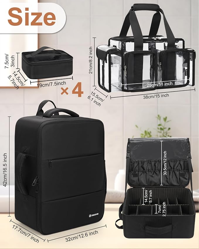 Relavel Makeup Backpack with Clear Makeup Bags, Extra Large Travel Train Case Makeup Artist Kit Set Bag with 4 Clear Bags, Storage Organizer Box with Dividers Cosmetic Hair Tools Barber Supplies - Image 5