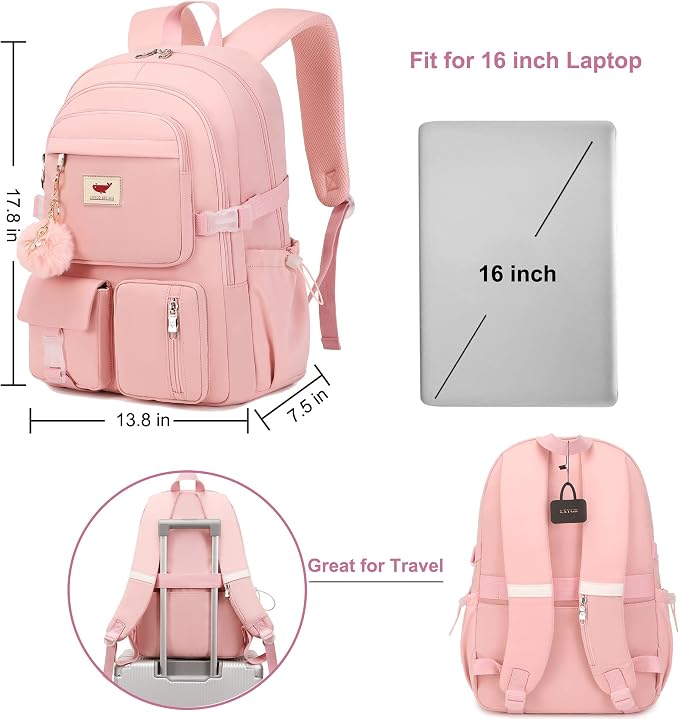 Laptop Backpack 15.6 Inch Elementary Middle High School Bag College Backpacks with Lunch Box Pencil Pouch 3 PCS Set Travel Bookbags for Teens Girls Women Students (Pink) - Image 5