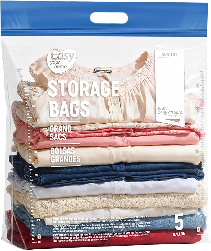 10PCS 5 Gallon Zipper Lock Plastic Bags with Handle and bottom,18"x23"+7",Extra Large Size Reusable Storage Bag with Double Zip for Clothing,Travel,Moving,Beach,BPA-Free,3-Mil Thick by EASYYOURHOMEEASYYOURLIFE