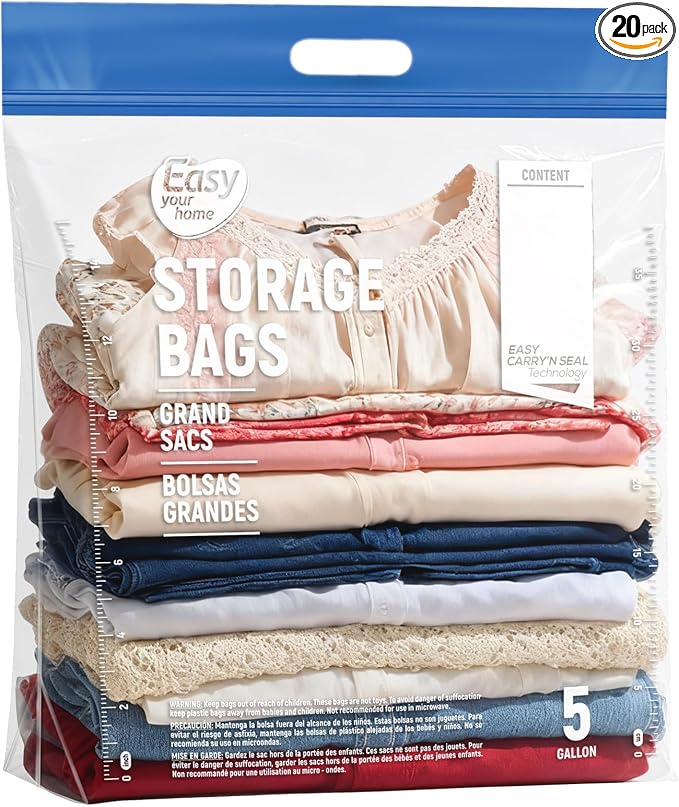 20PCS 5 Gallon Zipper Lock Plastic Bags with Handle and bottom,18"x23"+7",Extra Large Size Reusable Storage Bag with Double Zip for Clothing,Travel,Moving,Beach,BPA-Free,3-Mil Thick by EASYYOURHOMEEASYYOURLIFE