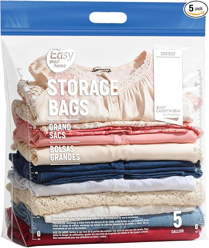 5PCS 5 Gallon Zipper Lock Plastic Bags with Handle and bottom,18"x23"+7",Extra Large Size Reusable Storage Bag with Double Zip for Clothing,Travel,Moving,Beach,BPA-Free,3-Mil Thick by EASYYOURHOMEEASYYOURLIFE