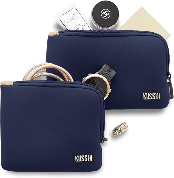 KUSSHI 2pc Neoprene On-The-Go Pouch Set - Passport Holder and Travel Zipper Makeup Pouch for Purse - Small Purse Pouch for Organization, Electronics, Glasses & Valuables (Navy/Khaki) by Unknown