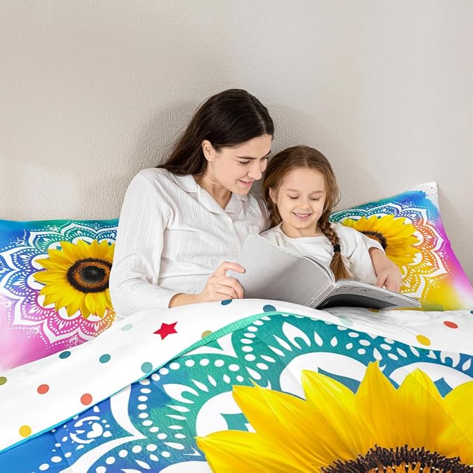Erosebridal Bohemian Mandala Comforter Set Queen Size, Kids Boho Sunflower Duvet Sets Tie Dye Tribal Exotic Bedding Set for Boys Girls Teens Women, Psychedelic Watercolor Quilt Set Soft for Bedroom - Image 4