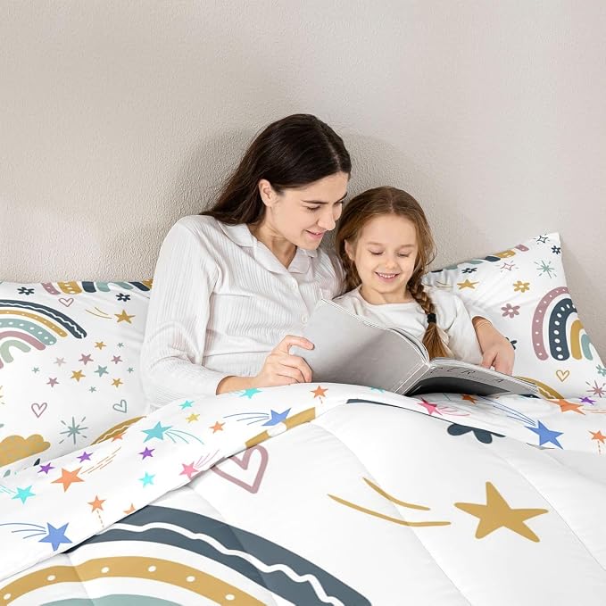 Girls Rainbow Comforter Set Queen Size, Kawaii Decor Bedding Set For Kids Boys Children Teens Bedroom Decor, Iridescent Sun Duvet Insert Hand Drawn Rainbow Down Comforter All-Season Quilt, Colorful - Image 5