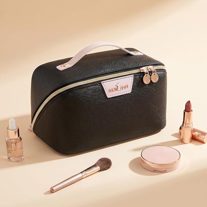 Travel Makeup Bag for Women: 3-in-1 Large Capacity Cosmetics Organizer with 2 Detachable Pouch - Vegan Leather Flat Open Toiletry Bag - Portable Travel Essentials for Full-Sized Bottles-Black - Image 8