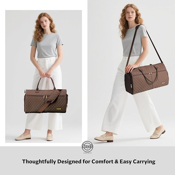 STOVER Women’s Convertible Garment Duffel Bag for Travel – 2-in-1 Carry-On Weekender/Overnight Tote - Wrinkle-Free Dresses, Suits & Clothes + Shoe Compartment & Bonus Toiletry Bag (Mocha Brown) - Image 7