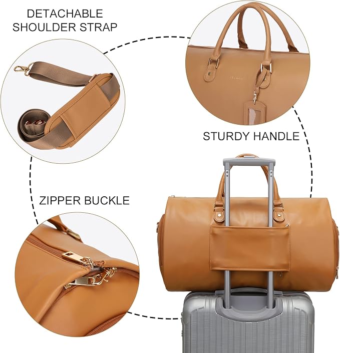 Modoker Women Convertible Leather Garment Bag with Shoulder Strap, PU Leather Garment Duffel Bag Carry on 2 in 1 Hanging Suitcase Suit Travel Bags, Coffee - Image 5